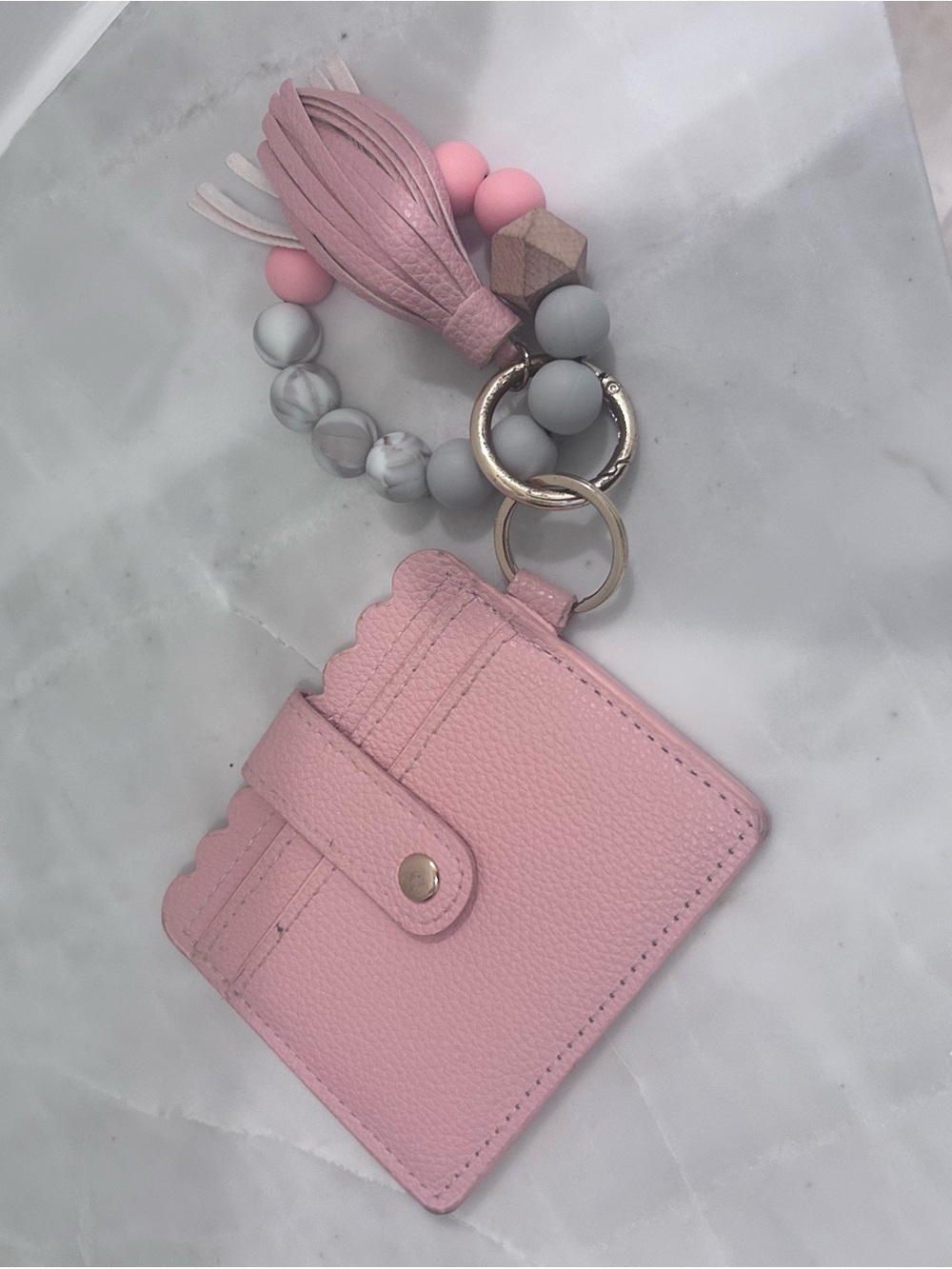 Pink Cardholder Keychain Wallet with Beaded Tassel